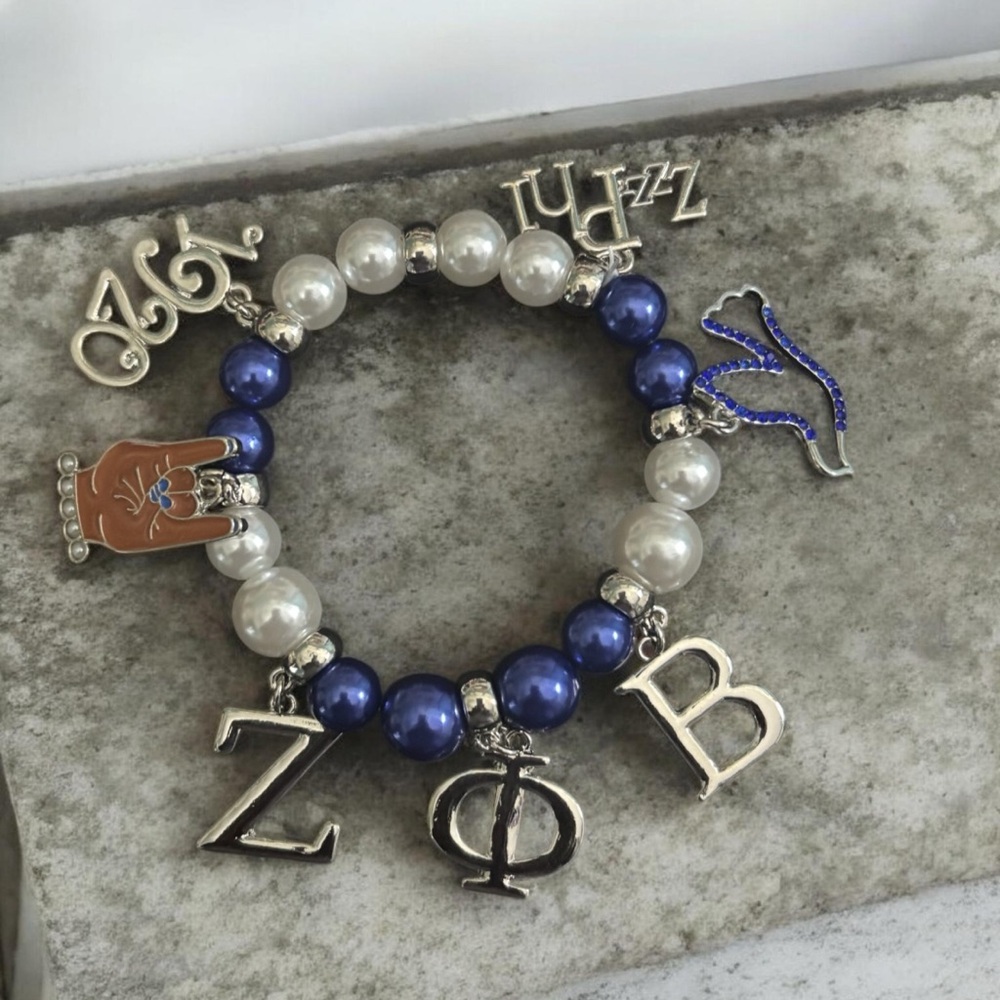 Zeta Phi Beta Blue and White Beaded Charm Bracelet